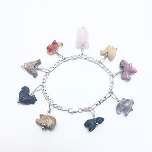 Sterling Silver 925 Carved Natural Gemstone Animal Charm Bracelet 7.5" Length